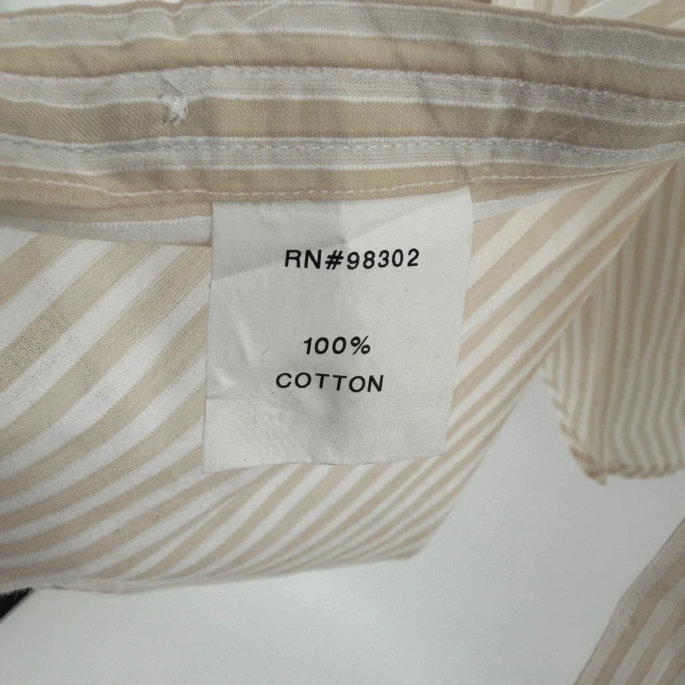 GMF 965 Mens Size 44 17.5 Striped Button Down Shirt Tan White Cotton Long Sleeve